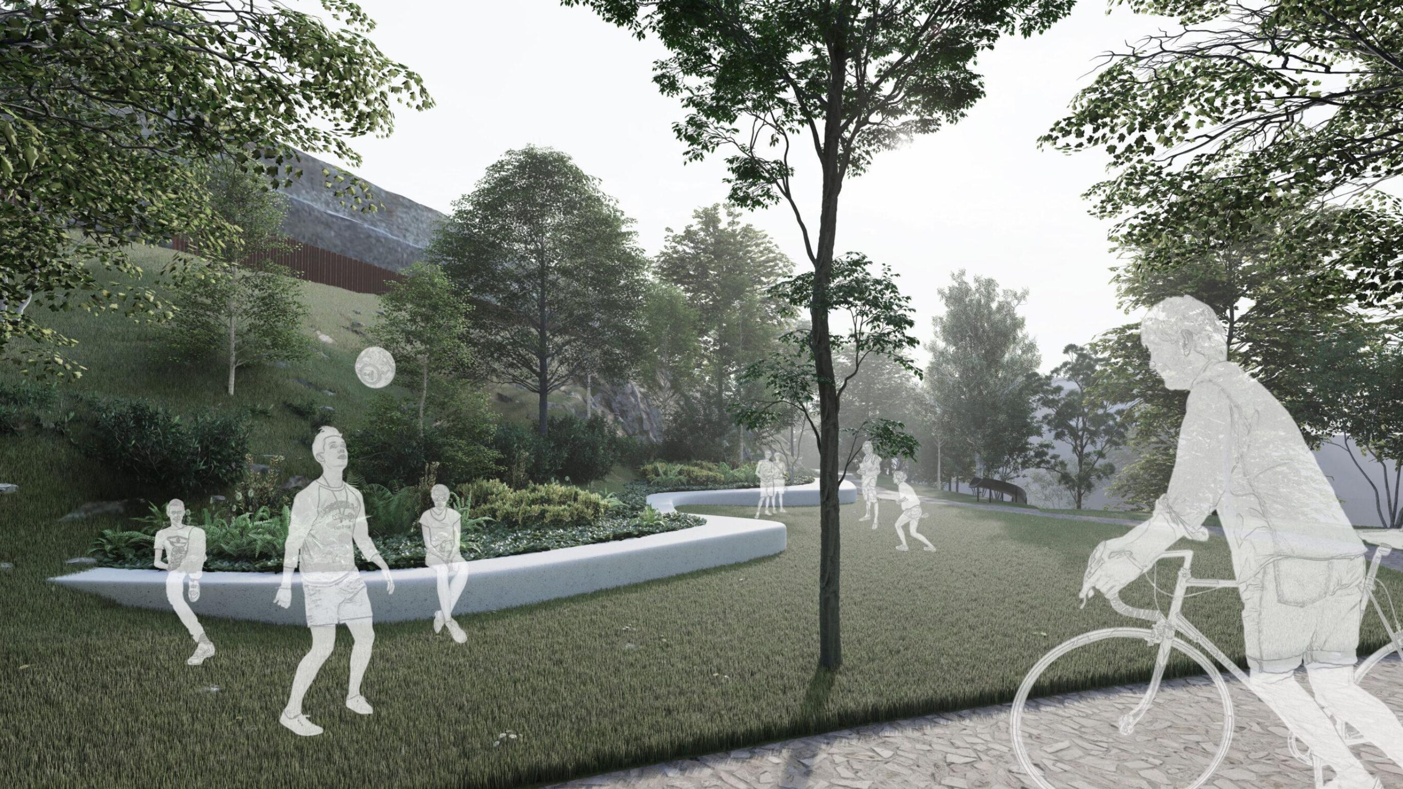Architectural visualisation detail of the Horska Street park proposal